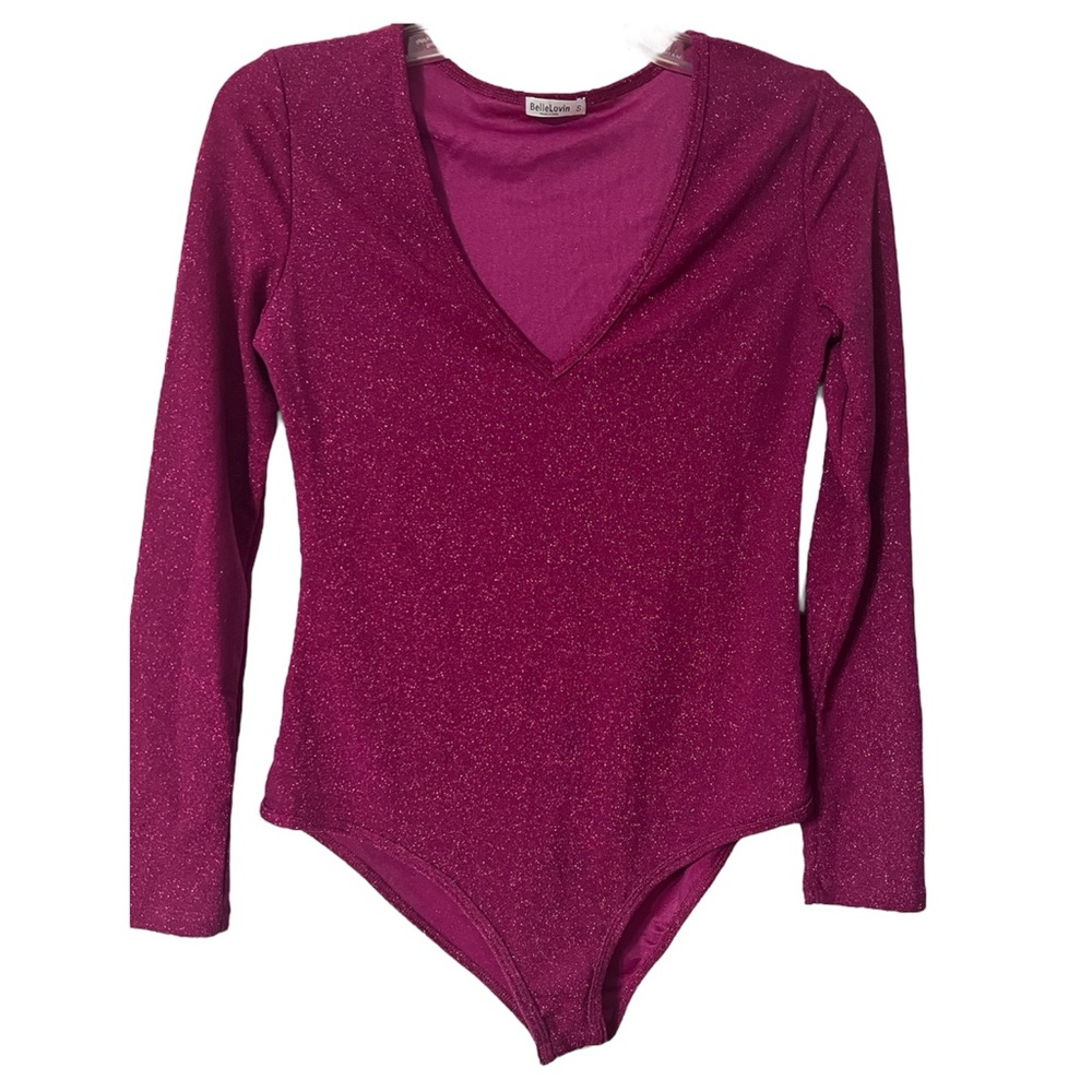 Womens Long Sleeve Bodysuit Solid Color Sexy V neck Slim Elastic Glitter.Size S